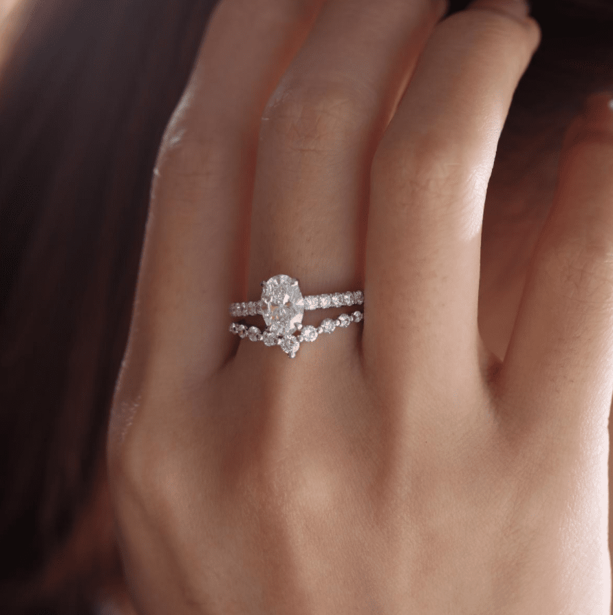 1 CT Oval Cut Lab Diamond 4 - Claw Basket Engagement Ring with Round Lab Diamond Pavé and 7 - Stone V - Shaped Ring Enhancer — Bridal Ring Set - FIORESE JEWELRY