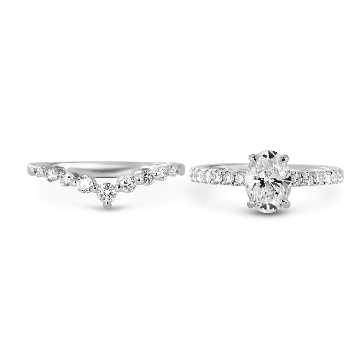 1 CT Oval Cut Lab Diamond 4 - Claw Basket Engagement Ring with Round Lab Diamond Pavé and 7 - Stone V - Shaped Ring Enhancer — Bridal Ring Set - FIORESE JEWELRY