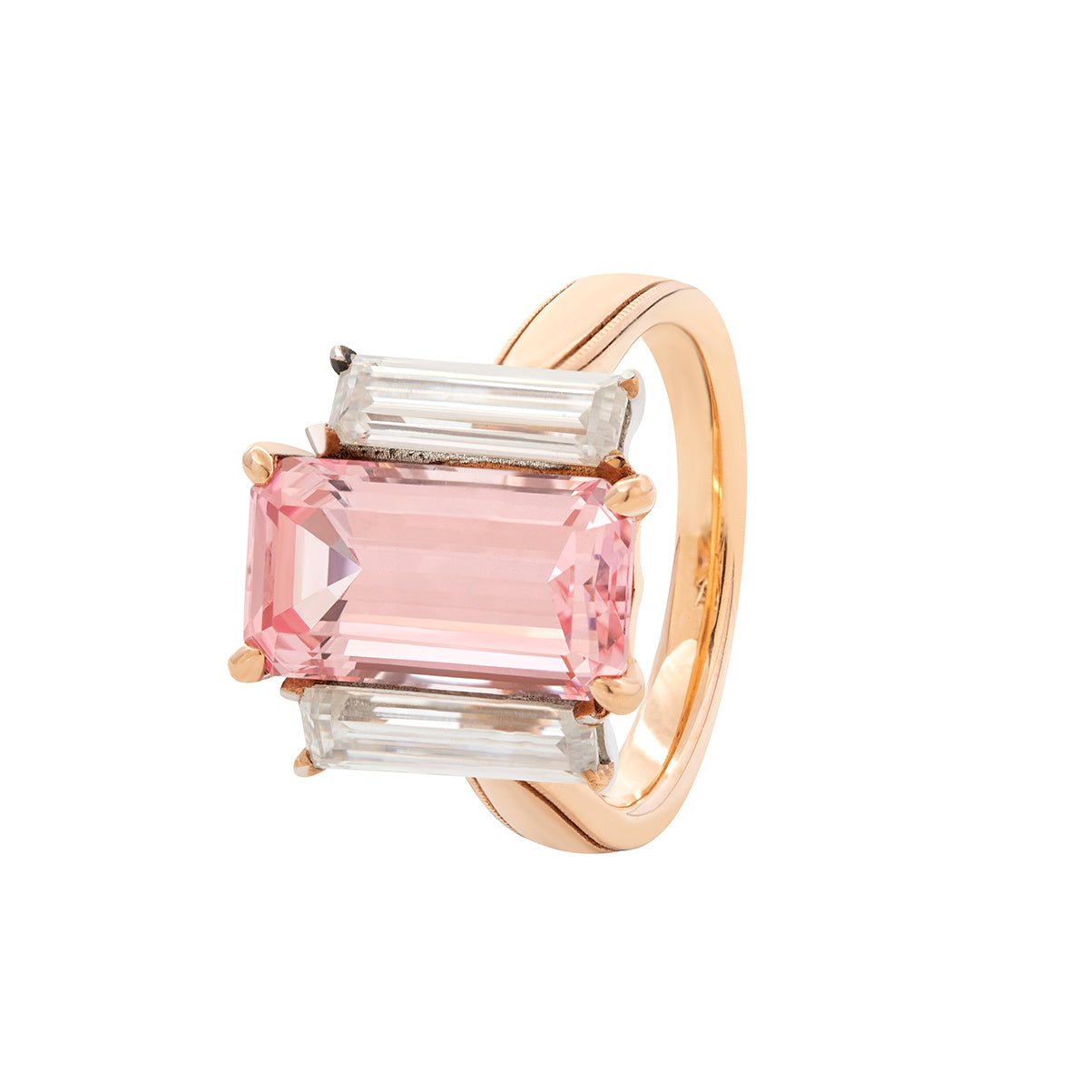 14K Rose and White Gold 13*6.5mm Emerald Cut Lab Pink Sapphire and Two Baguette Cut Lab Diamond Three Stone Cocktail Ring with Tapered Band - FIORESE JEWELRY