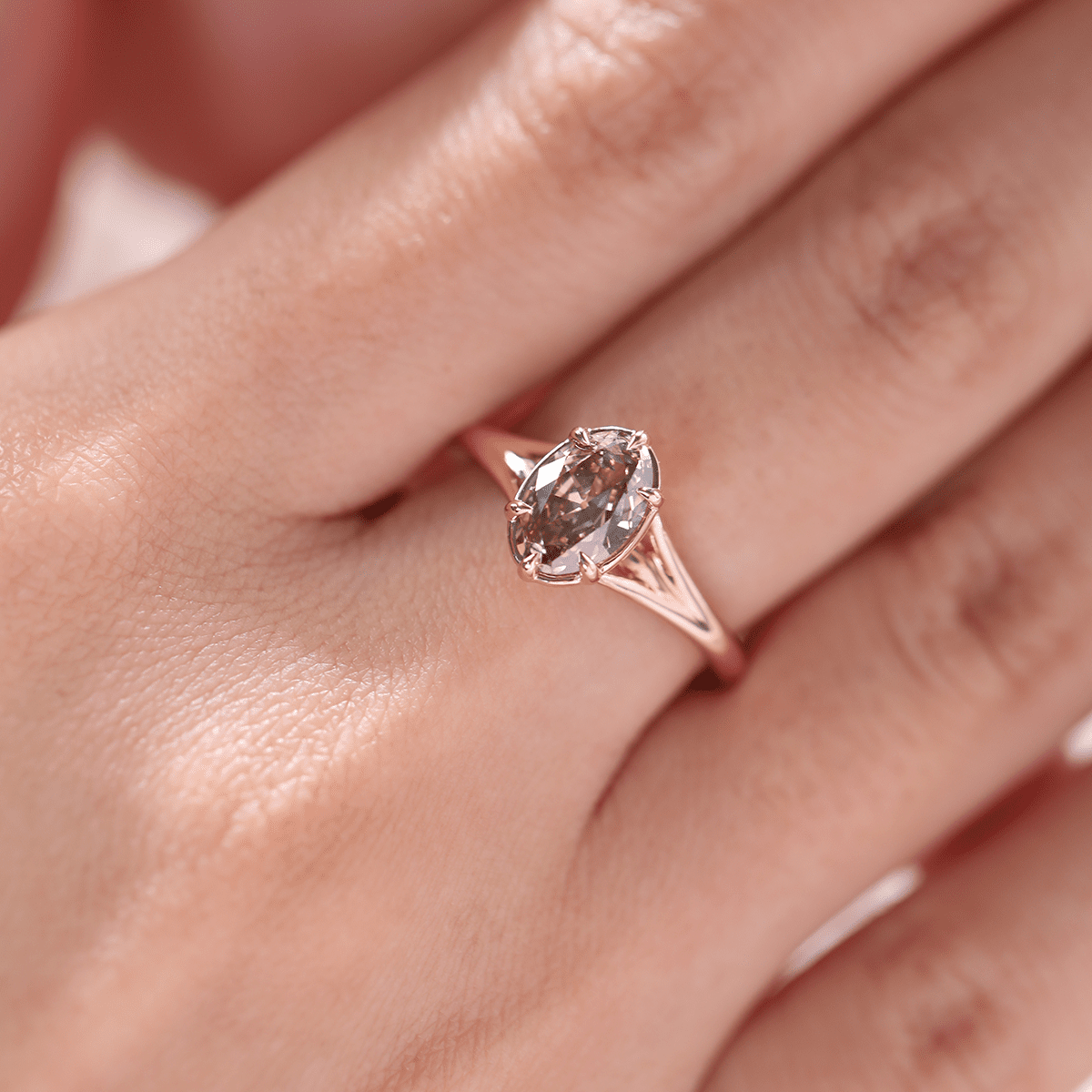 14K Rose Gold 1ct Oval Old Mine Cut Brown Lab Diamond 6 Claw Prong Cathedral Setting Solitaire Ring - FIORESE JEWELRY