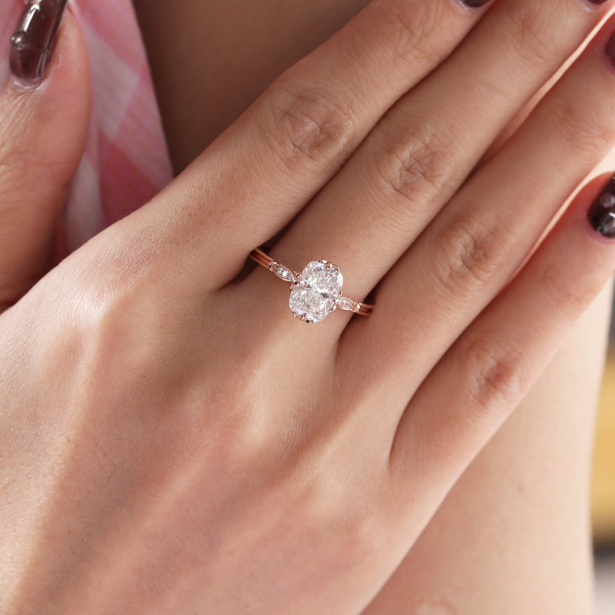 14K Rose Gold 2ct Elongated Cushion Cut Lab Diamond Triple Prong Cathedral Design Ring - FIORESE JEWELRY