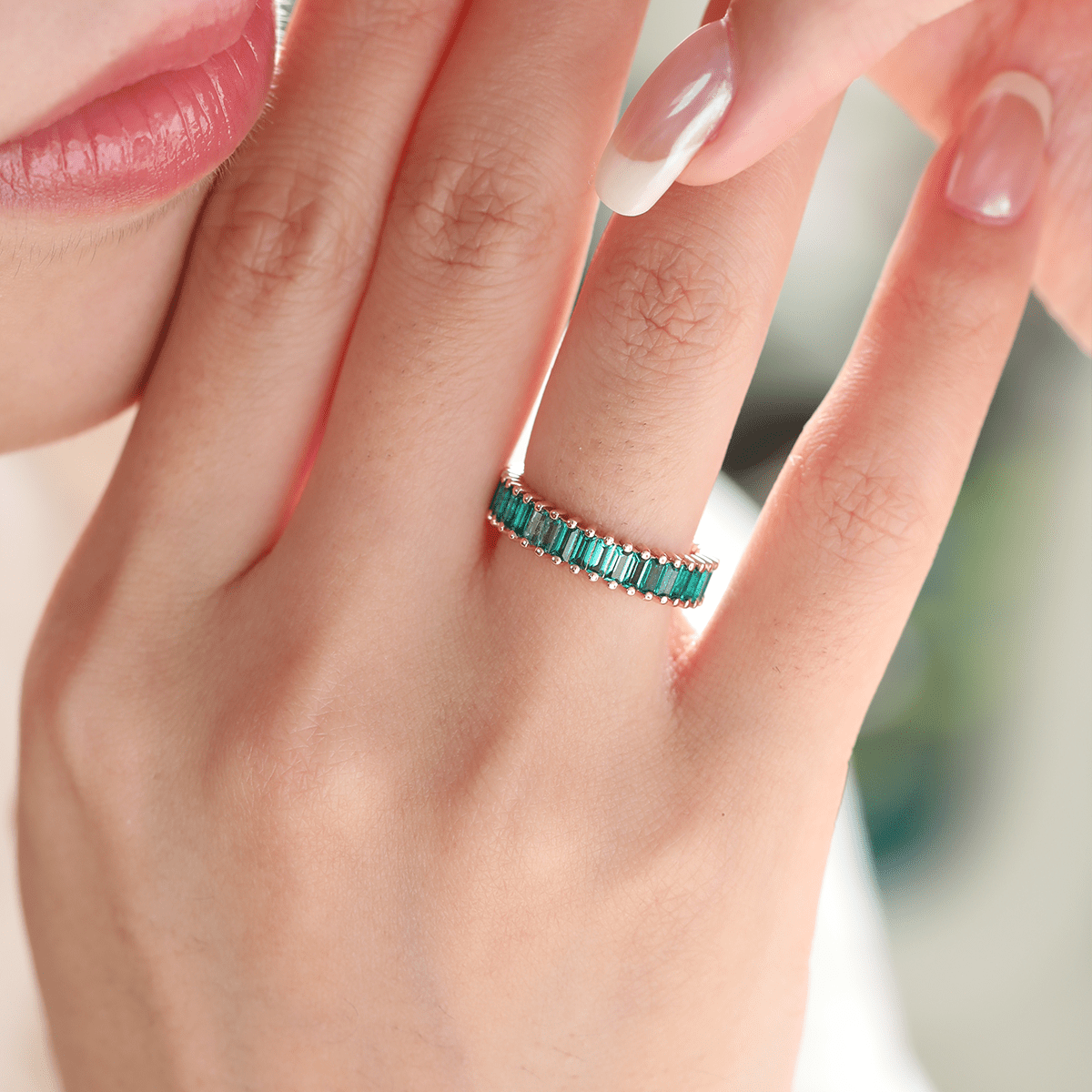 14K Rose Gold 3*1.5mm Baguette Cut Zambian Lab Emerald Eternity Ring - FIORESE JEWELRY