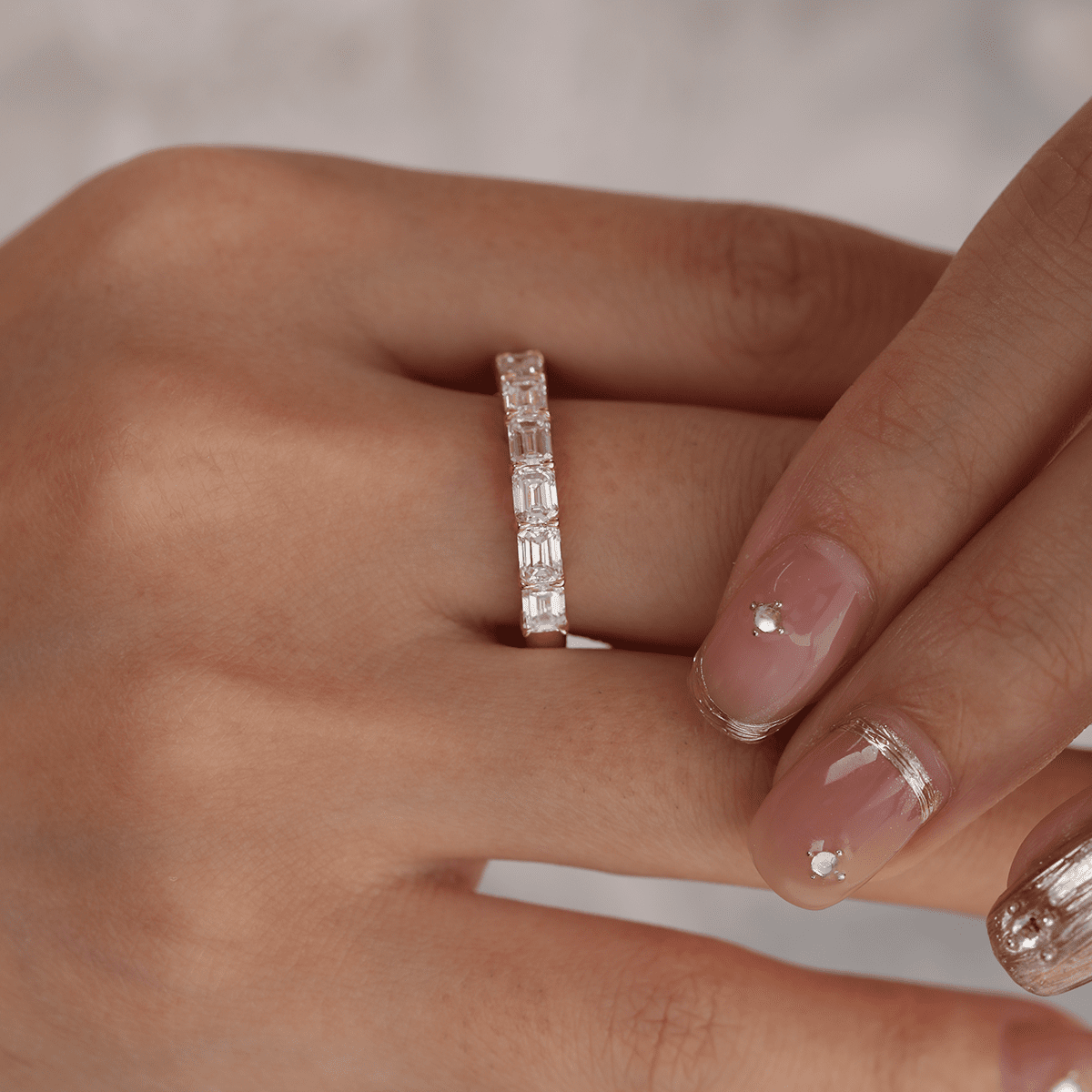 14K Rose Gold 4*3mm Emerald Cut Lab Diamond East - West Orientation Half Eternity Ring - FIORESE JEWELRY