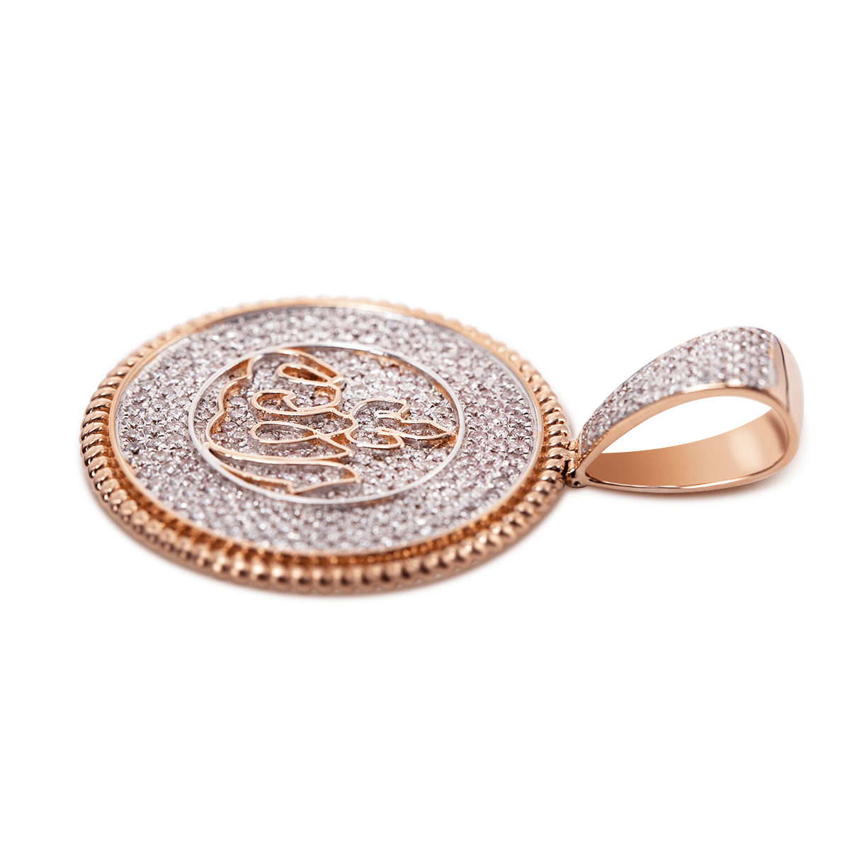 14K Rose Gold Allah's Amulet Pendant with Round Lab Diamond Pave - FIORESE JEWELRY
