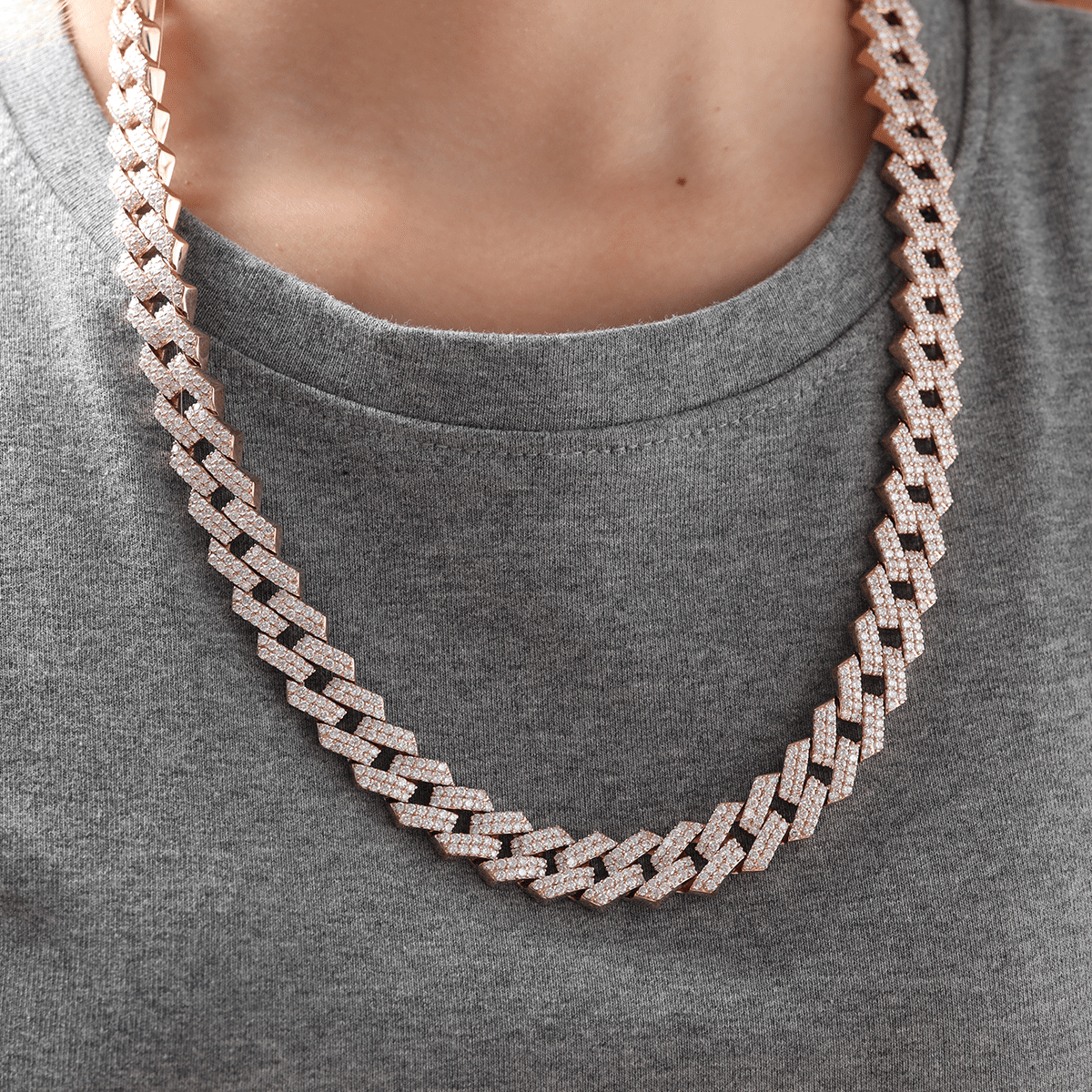 14K Rose Gold Iced Out Cuban Link Chain Necklace with Round Lab Diamond - FIORESE JEWELRY