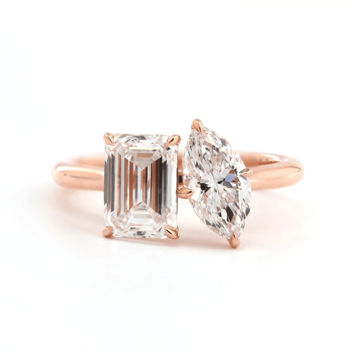 14K Rose Gold Marquise Cut and Emerald Cut Lab Diamond Toi et Moi Ring - FIORESE JEWELRY