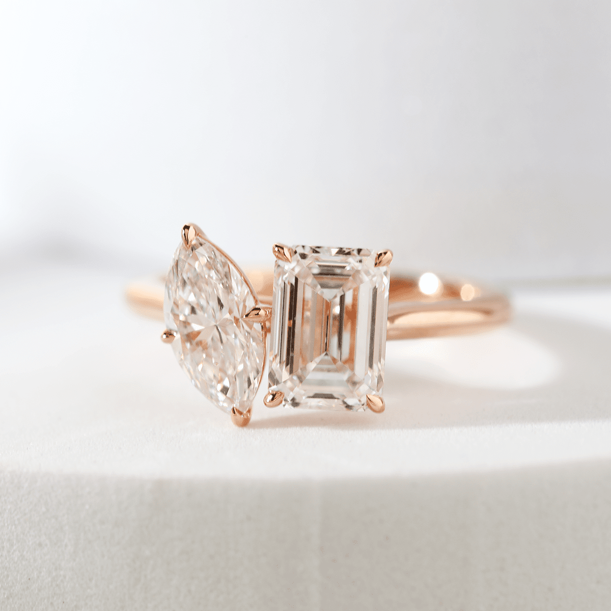 14K Rose Gold Marquise Cut and Emerald Cut Lab Diamond Toi et Moi Ring - FIORESE JEWELRY