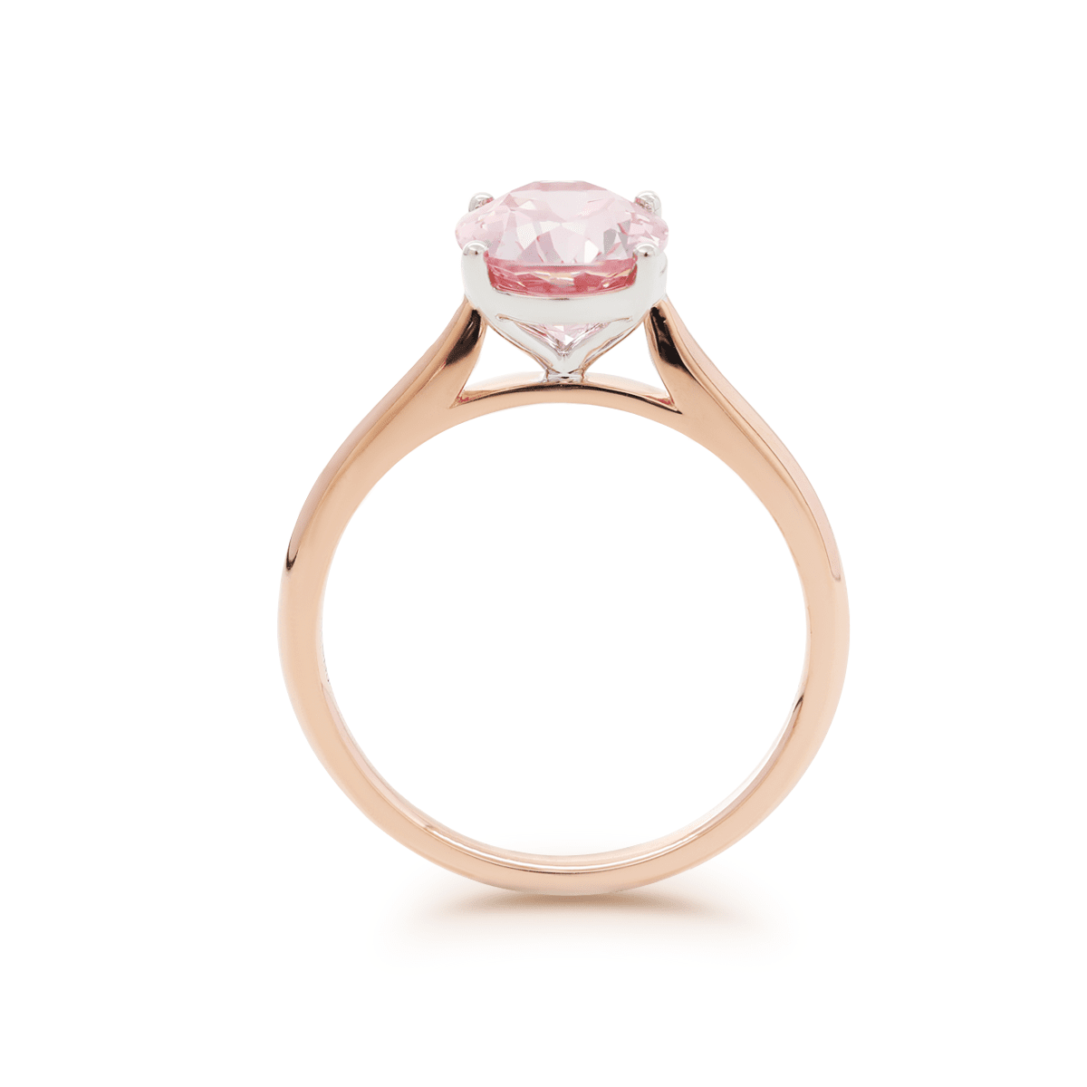 14K Rose Gold Oval Pink Lab Corundum Solitaire Ring in 4 White Gold Round Prong Cathedral Setting Design - FIORESE JEWELRY