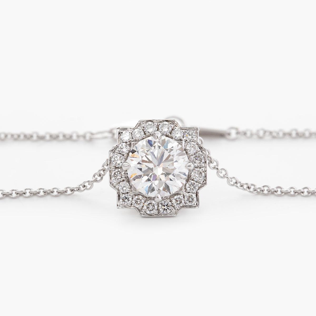 14K Round Brilliant Cut Lab Diamond Halo Setting White Gold Necklace - FIORESE JEWELRY