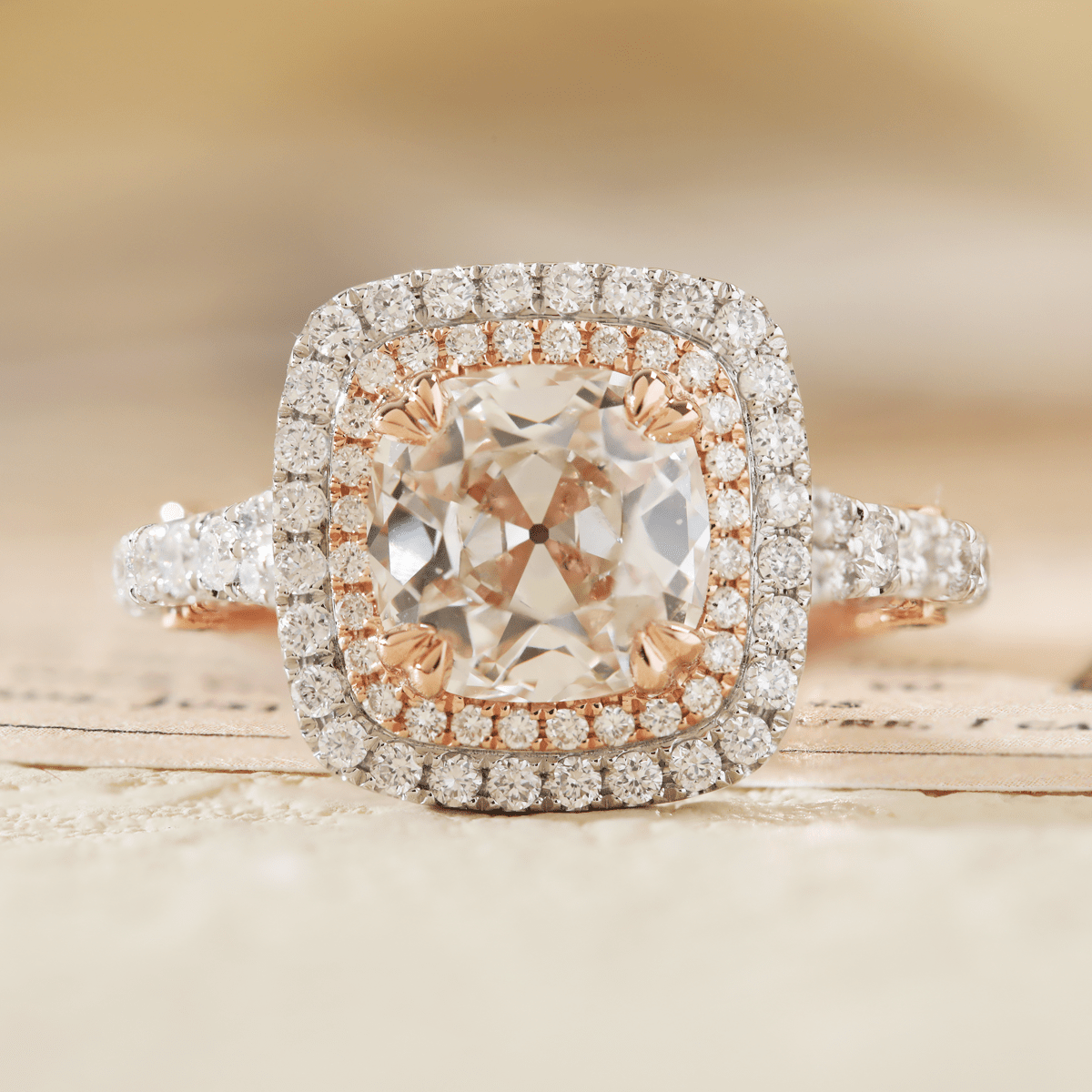 14K White and Rose Gold 2.5ct Old Mine Cut Lab Diamond Evelina Halo Edwardian Style Ring with Waverly Band and Millegrain Edging - FIORESE JEWELRY