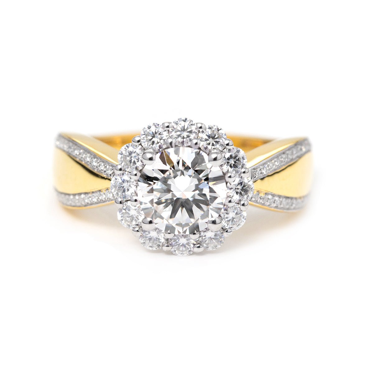 14K White and Yellow Gold 1ct Round Cut Lab Diamond Halo Vintage - style Ring with a Tapered Band - FIORESE JEWELRY