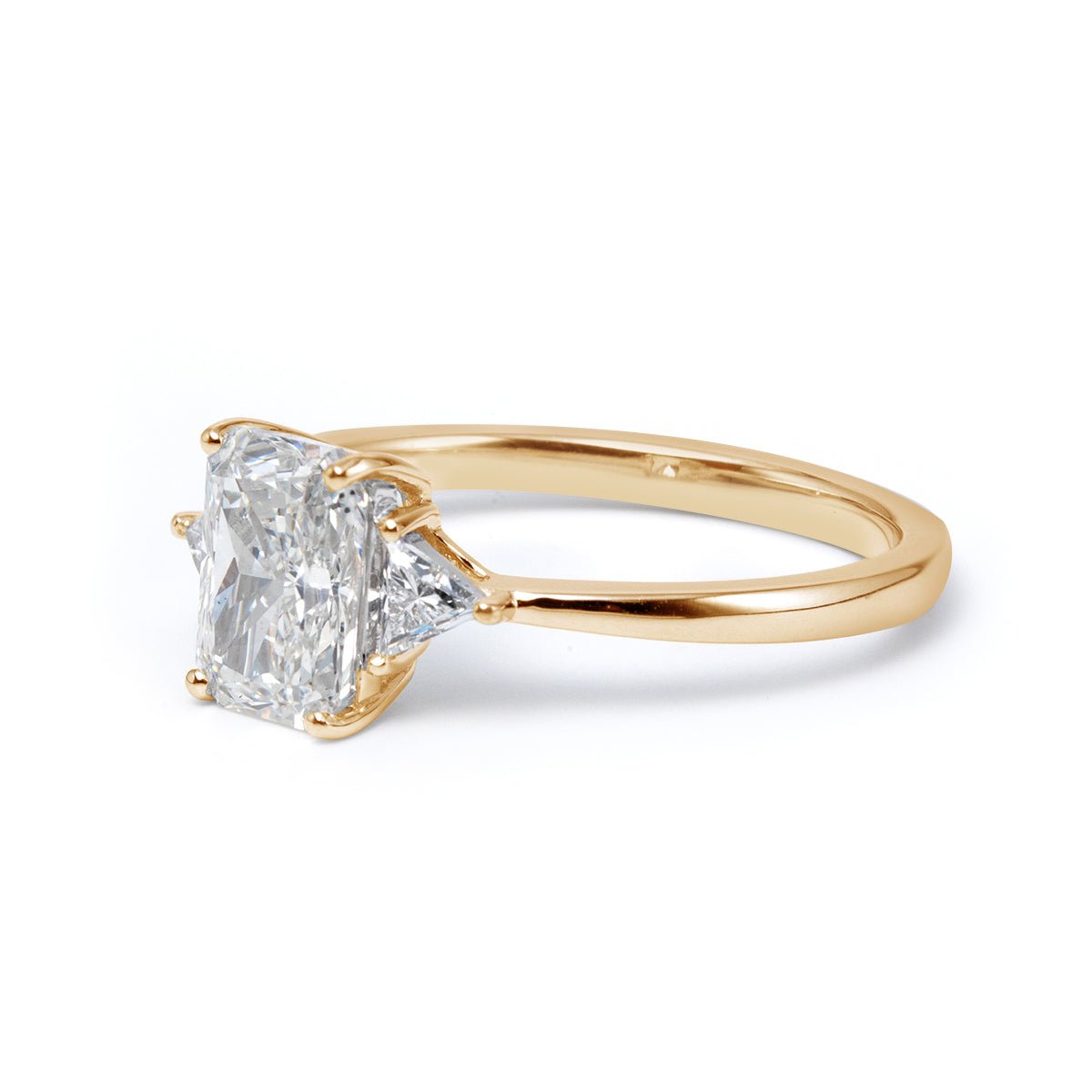 14K White Gold 1.5ct Radiant Cut Lab Diamond Three Stone Ring with Triangular Cut Lab Diamond Side Stones and Tapered Band Design - FIORESE JEWELRY