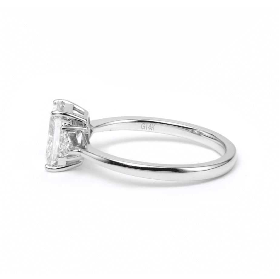 14K White Gold 1.5ct Radiant Cut Lab Diamond Three Stone Ring with Triangular Cut Lab Diamond Side Stones and Tapered Band Design - FIORESE JEWELRY