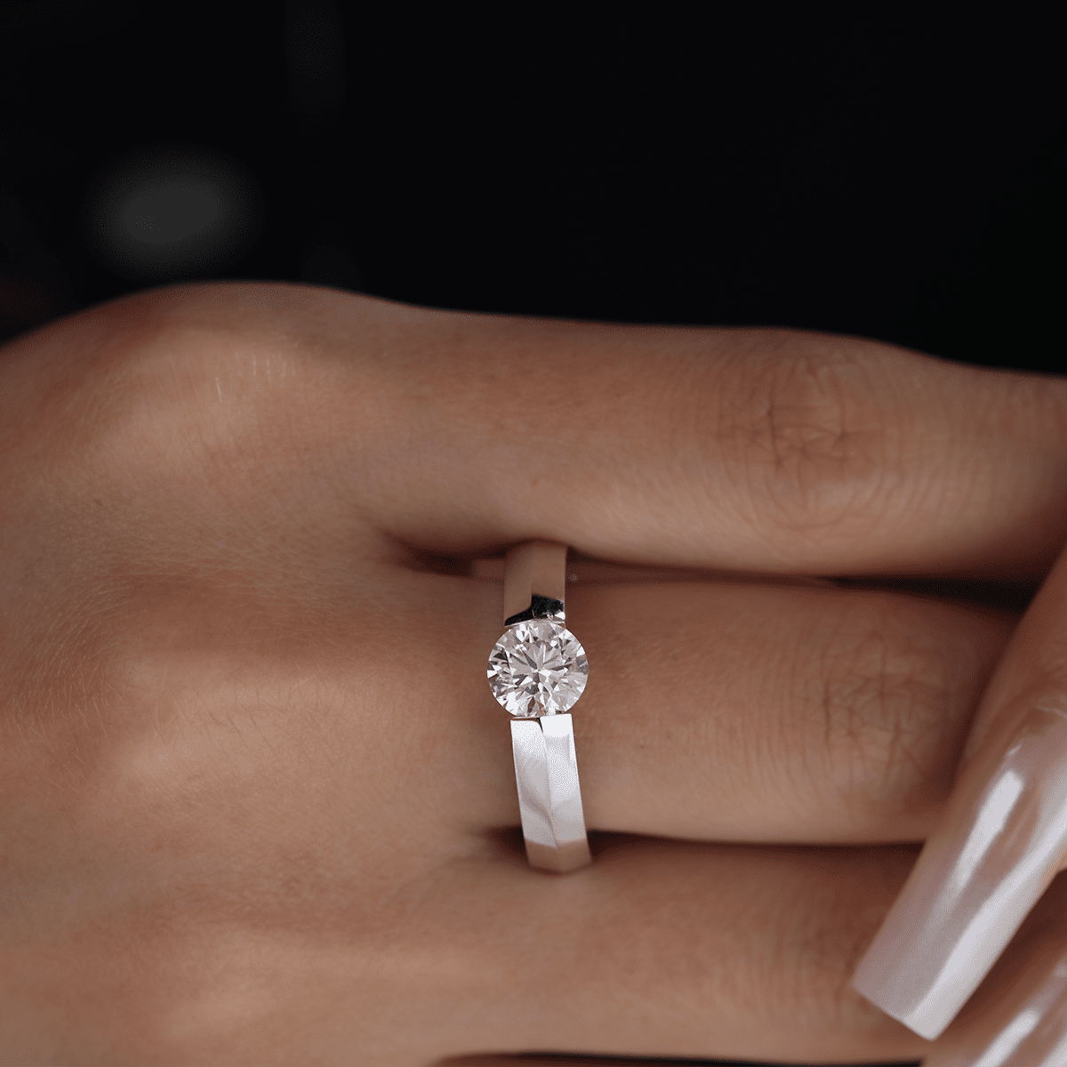 14K White Gold 1ct Round Brilliant Cut Lab Diamond Solitaire Ring with Knife Edge Band Design - FIORESE JEWELRY