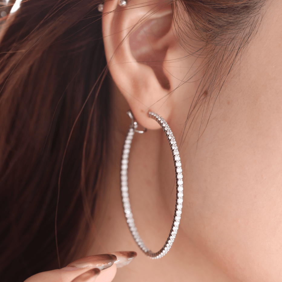 14K White Gold 2.1mm Round Lab Diamond Hoop Earrings - FIORESE JEWELRY