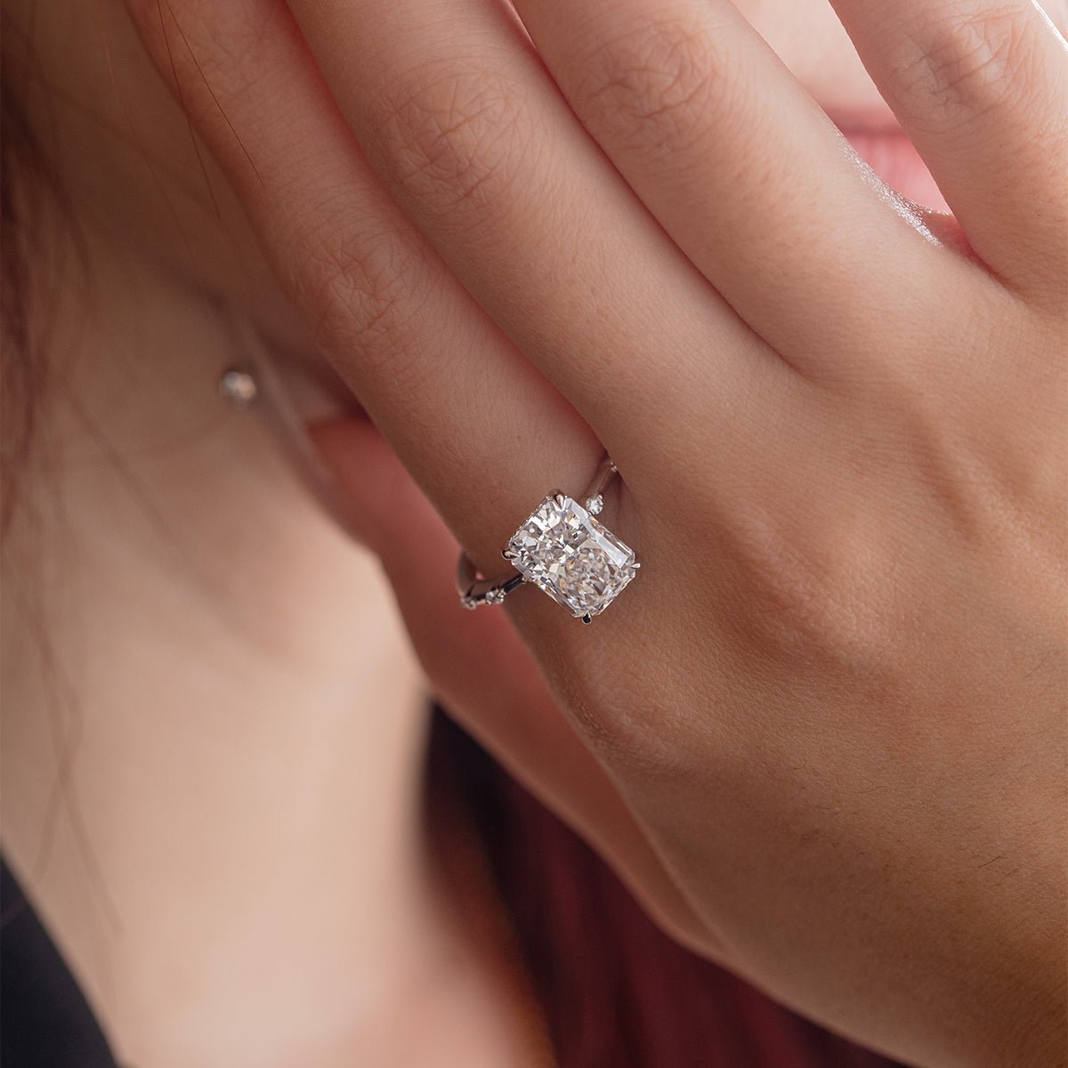 14K White Gold 3.5ct Radiant Cut Lab Diamond Hidden Halo Ring - FIORESE JEWELRY