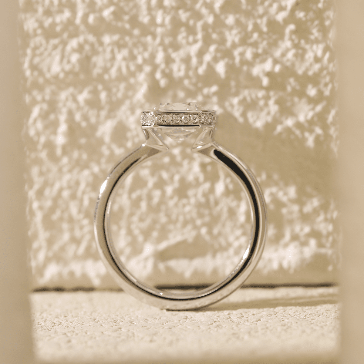14K White Gold 3ct Criss Cut Bezel Ring with Round Lab Diamond Hidden Halo - FIORESE JEWELRY