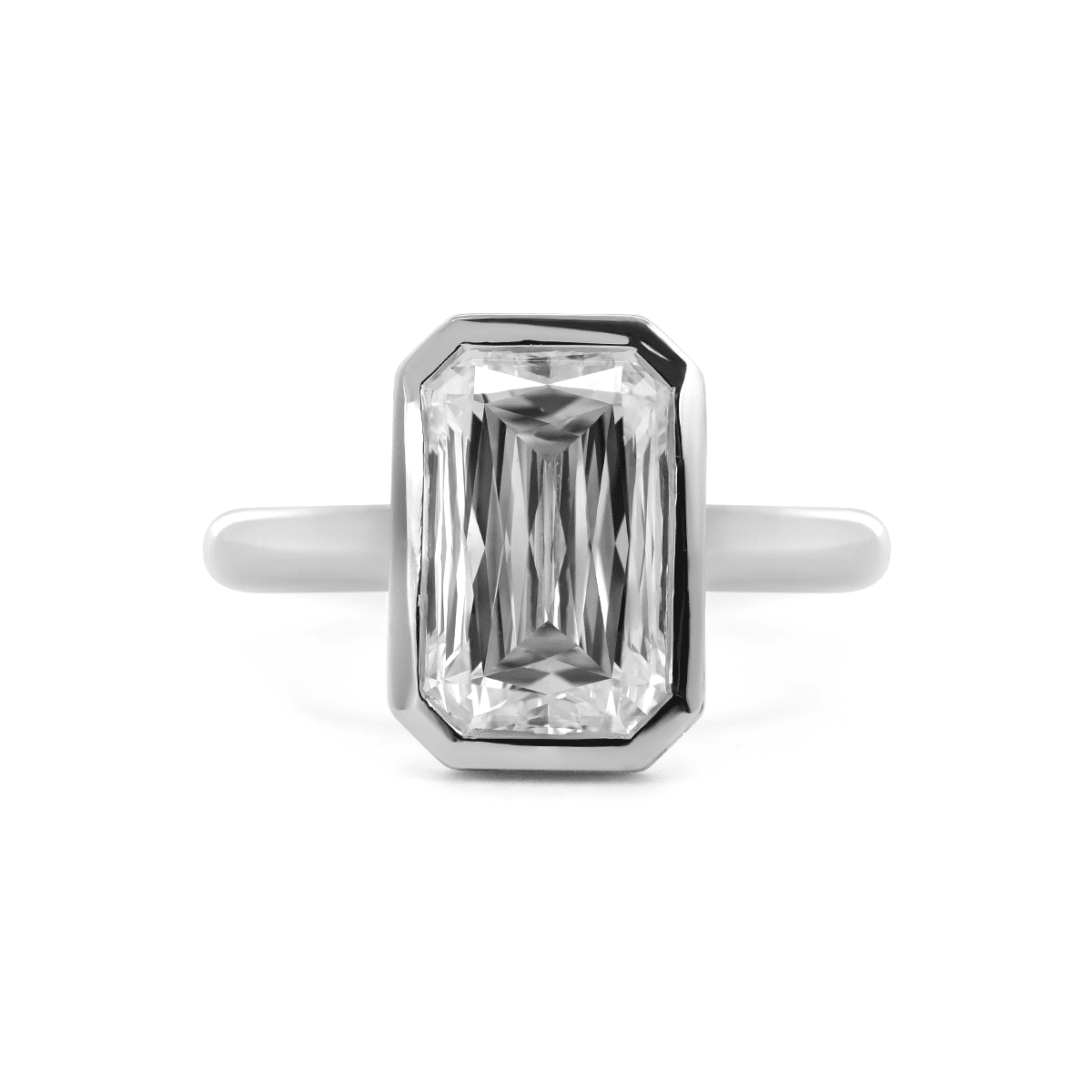 14K White Gold 3ct Criss Cut Bezel Ring with Round Lab Diamond Hidden Halo - FIORESE JEWELRY
