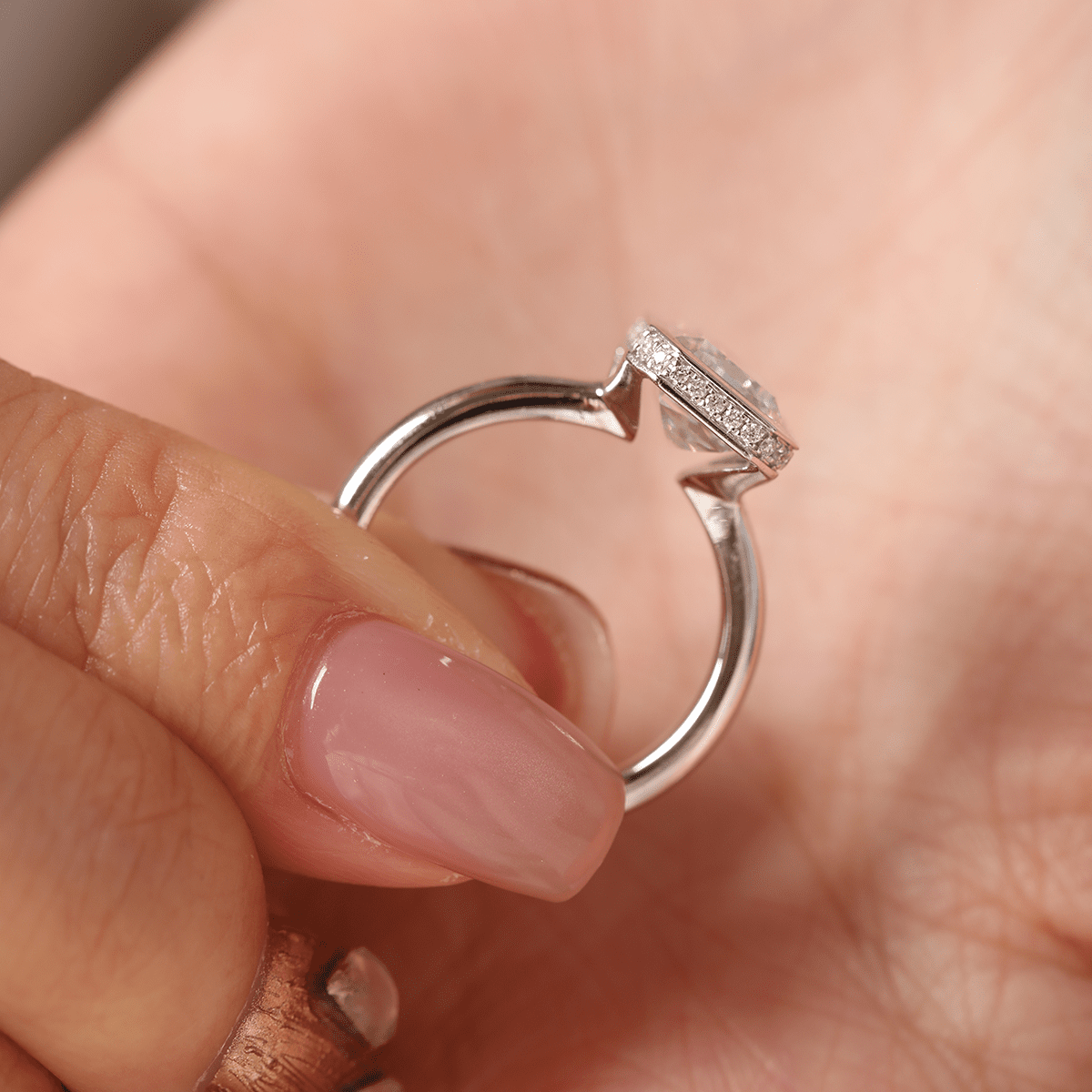 14K White Gold 3ct Criss Cut Bezel Ring with Round Lab Diamond Hidden Halo - FIORESE JEWELRY