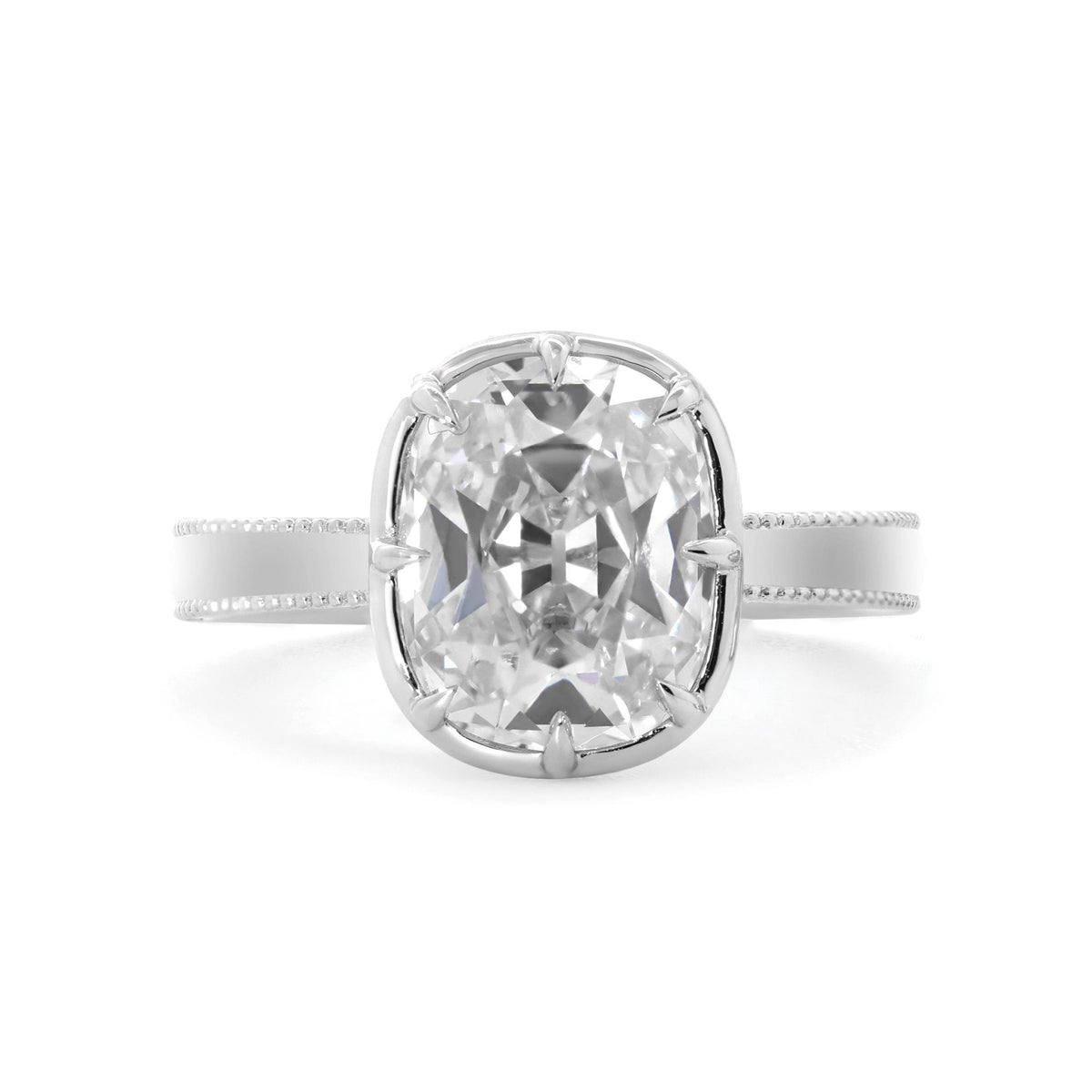 14K White Gold 3ct Elongated Old Mine Cut Lab Diamond 8 Claw Prong Basket Solitaire Ring with Millegrain Tapered Band Design - FIORESE JEWELRY