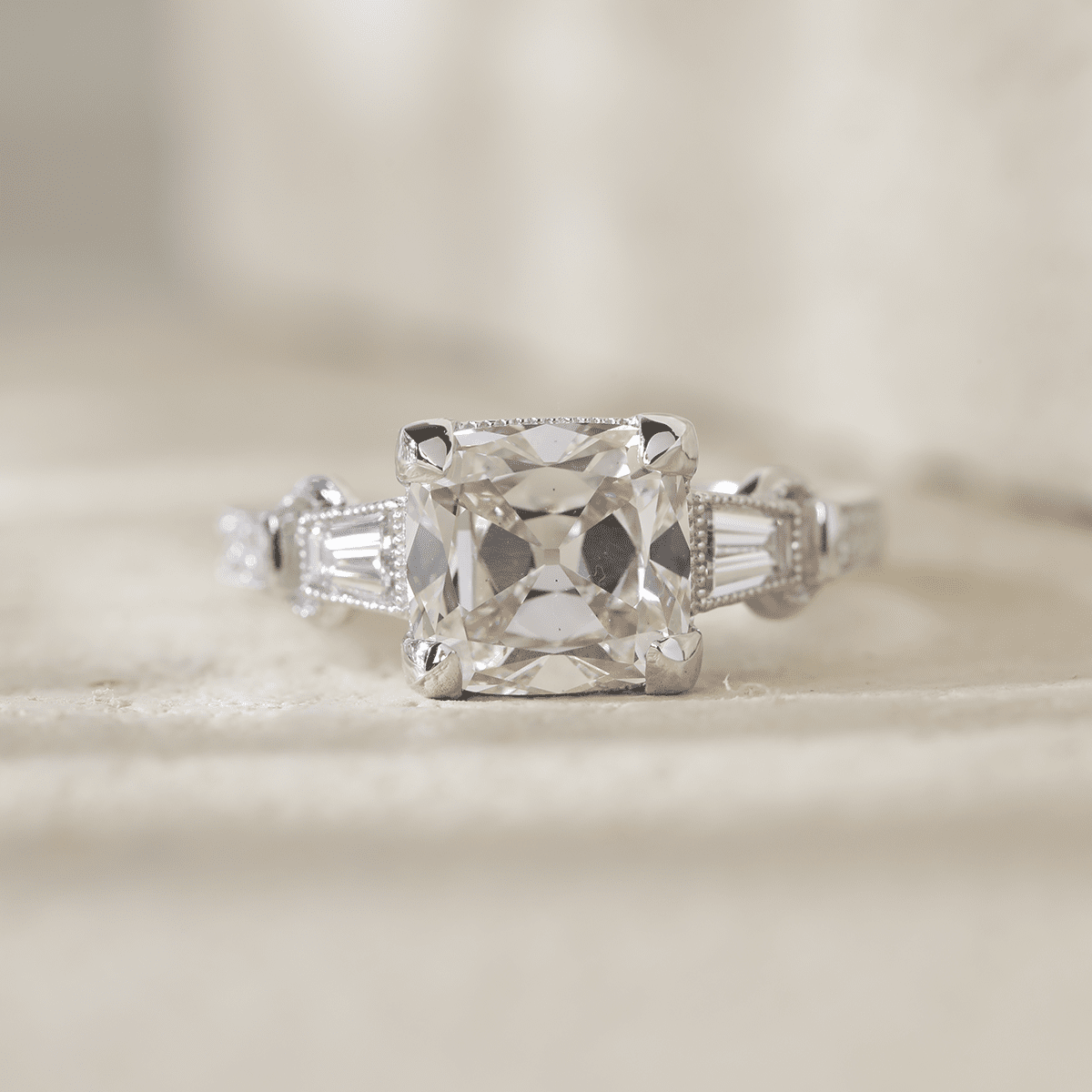 14K White Gold 3ct Old Mine Cut Lab Diamond Art Deco Style Vintage Engraved Three - stone Ring with Tapered Baguette Cut Side Stones - FIORESE JEWELRY