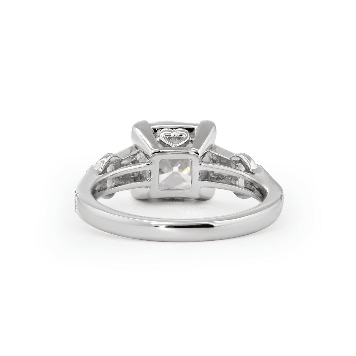 14K White Gold 3ct Old Mine Cut Lab Diamond Art Deco Style Vintage Engraved Three - stone Ring with Tapered Baguette Cut Side Stones - FIORESE JEWELRY