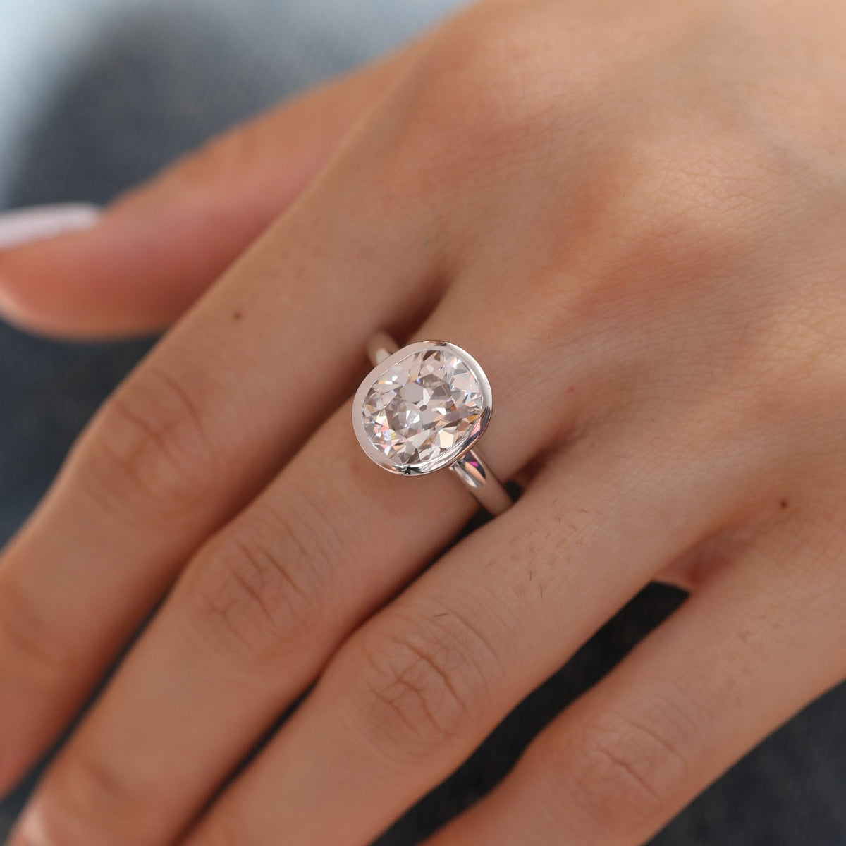 14K White Gold 4.5ct Elongated Old Mine Cut Lab Diamond Bezel Solitaire Ring - FIORESE JEWELRY