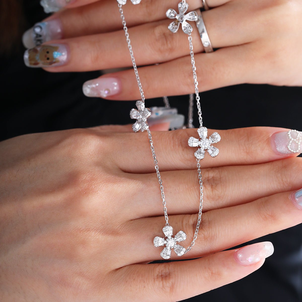 14K White Gold 5 - Flower Station Necklace with Round and Baguette Cut Lab Diamonds - FIORESE JEWELRY
