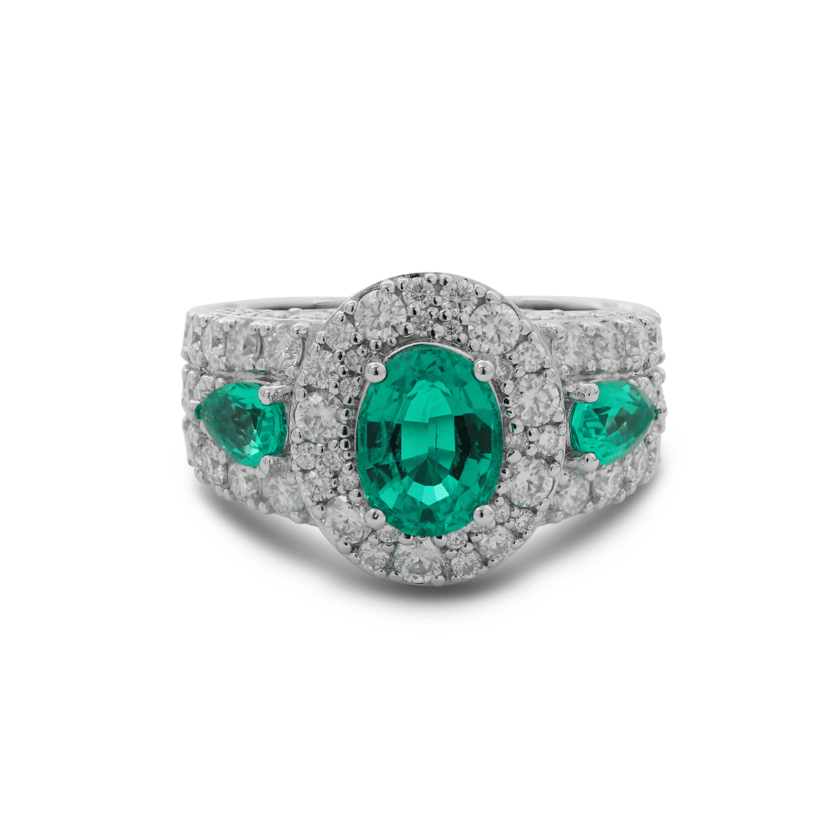 14K White Gold 9*7mm Oval Columbian Lab Emerald Vintage Ring with Pear Lab Emerald and Round Lab Diamond Side - stones Pave - FIORESE JEWELRY