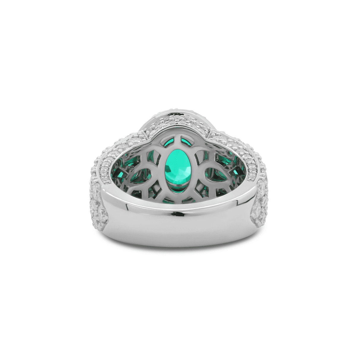 14K White Gold 9*7mm Oval Columbian Lab Emerald Vintage Ring with Pear Lab Emerald and Round Lab Diamond Side - stones Pave - FIORESE JEWELRY