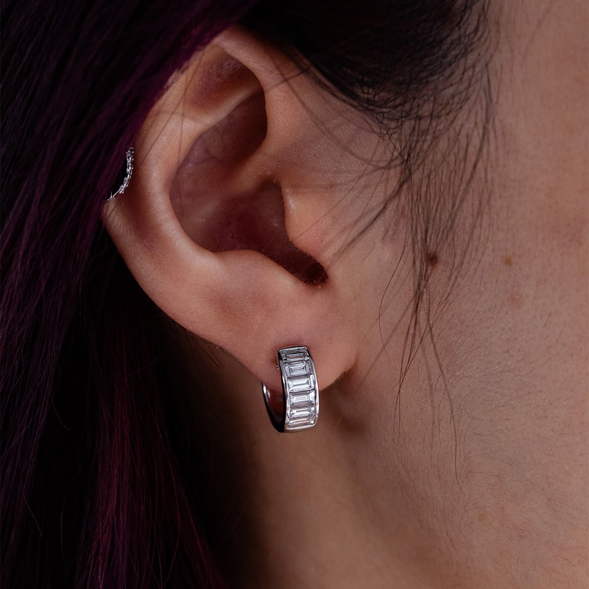 14K White Gold Baguette Cut Lab Diamond Channel Setting Huggie Earrings - FIORESE JEWELRY