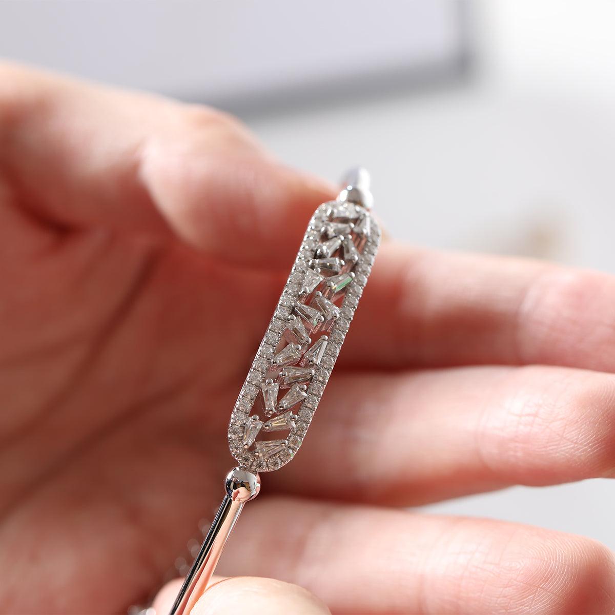 14K White Gold Cuff Bangle Bracelet with Tapered Baguette Cut and Round Cut Diamonds - FIORESE JEWELRY