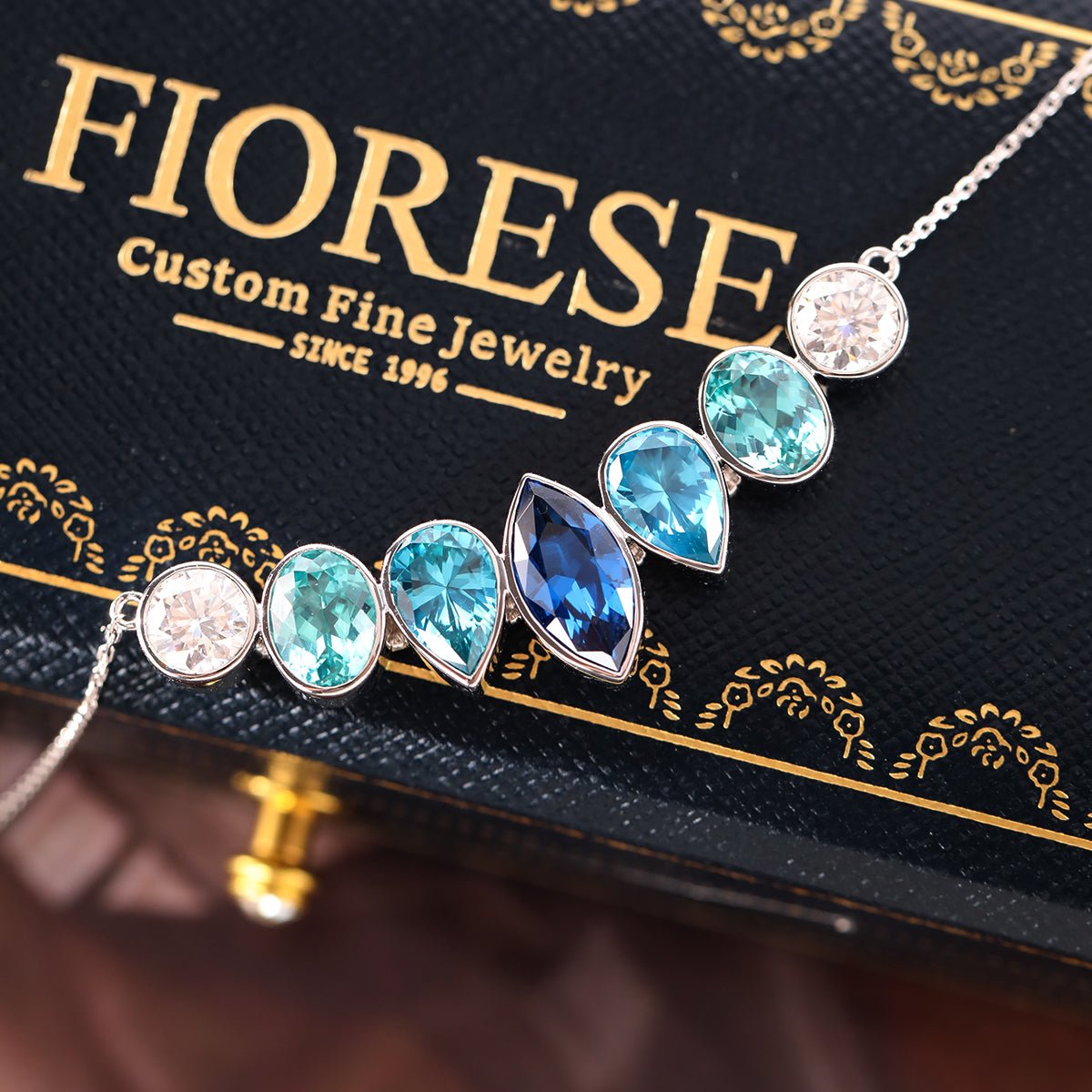 14K White Gold Fancy Shape Gems Bezel Pendant Necklace - FIORESE JEWELRY