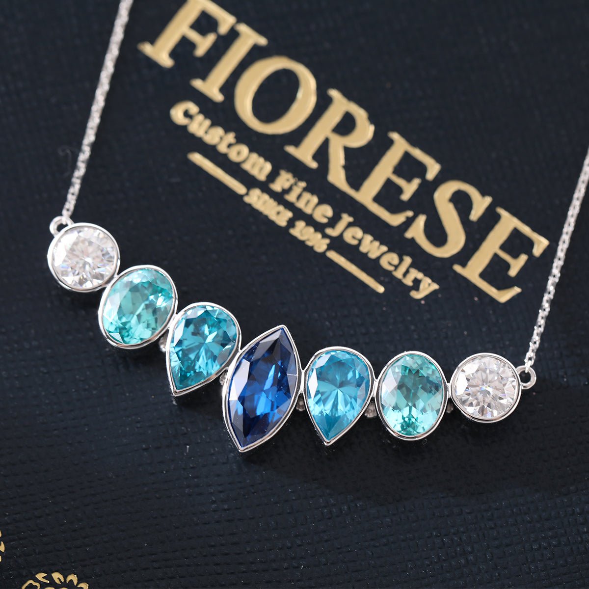 14K White Gold Fancy Shape Gems Bezel Pendant Necklace - FIORESE JEWELRY