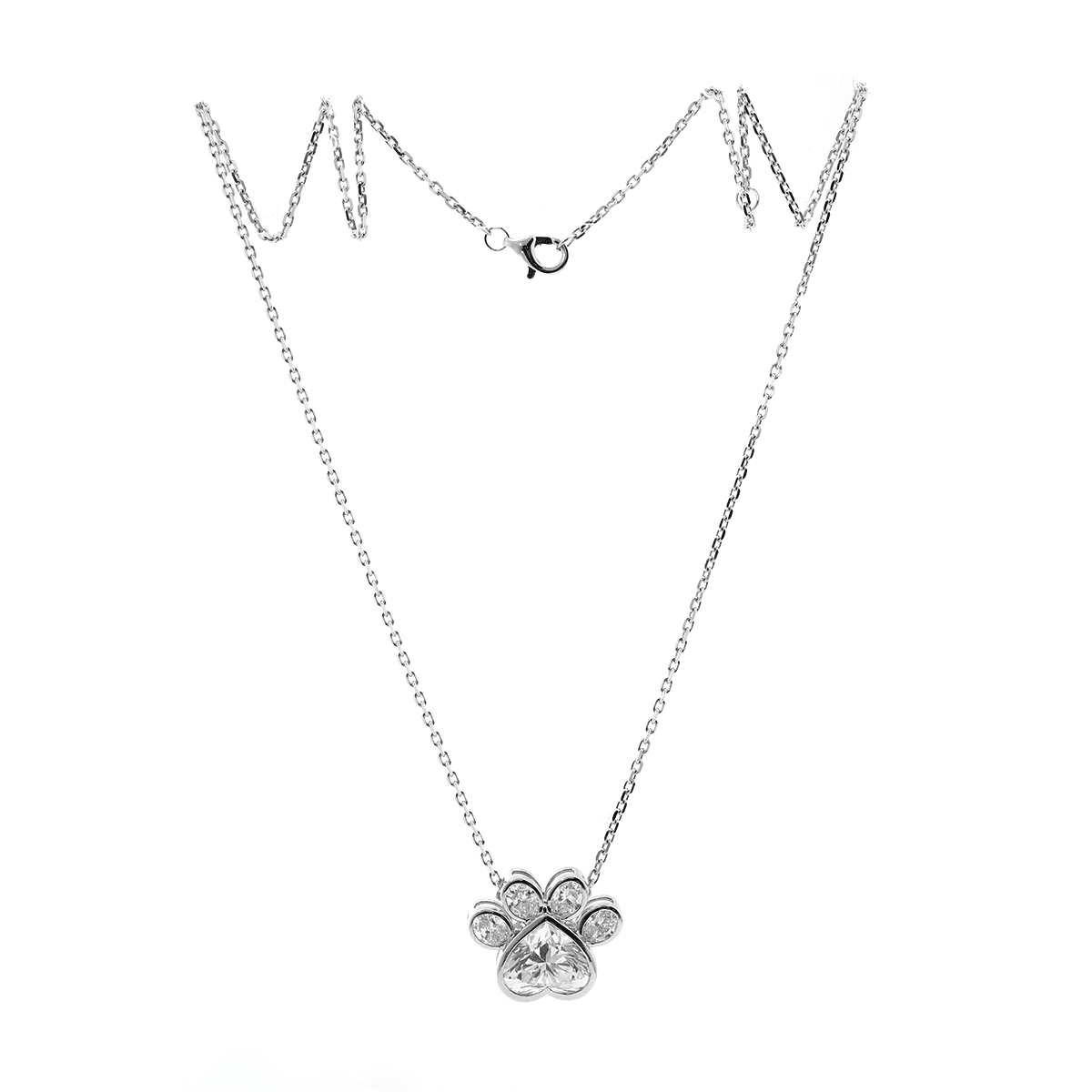 14K White Gold Heart Shaped and Oval Lab diamond Bella Paw Bezel Pendant Necklace - FIORESE JEWELRY