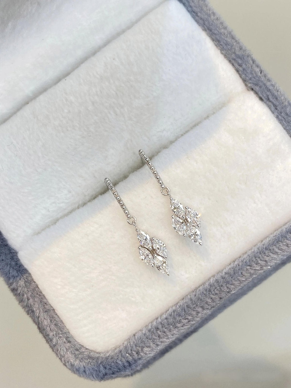 14K White Gold Marquise‑Cut Lab‑Grown Diamond Four‑Leaf Dangle Hook Earrings - LGG Jewelry