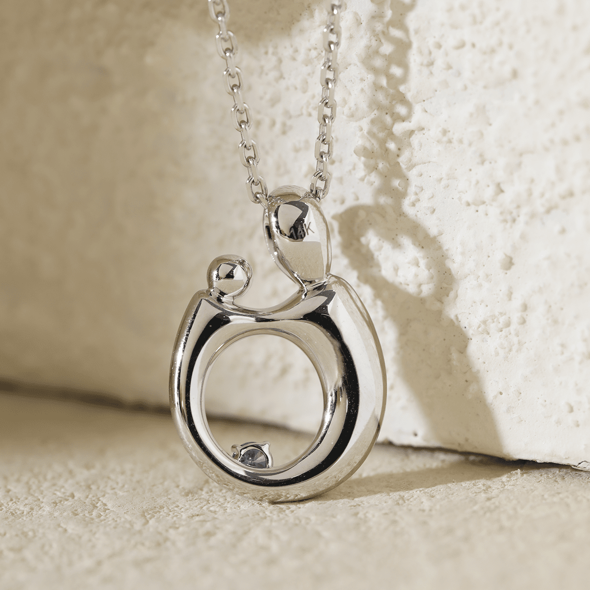 14K White Gold Mother and Child Pendant Necklace with Blue Round Lab Diamond - FIORESE JEWELRY