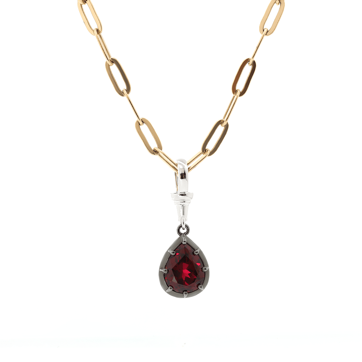 14K White Gold Necklace with 3ct Pear Shaped Lab Diamond Pendant in Black Rhodium Plated Bezel Setting - FIORESE JEWELRY