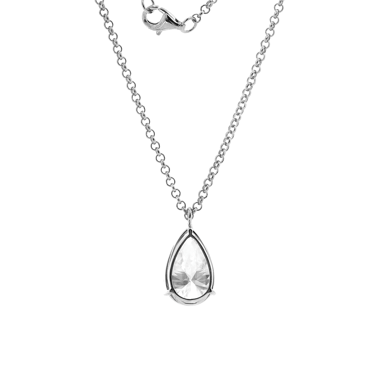 14K White Gold Necklace with 6ct Pear Shaped Lab Diamond Pendant in 3 Prong Basket Setting and Rolo Chain - FIORESE JEWELRY