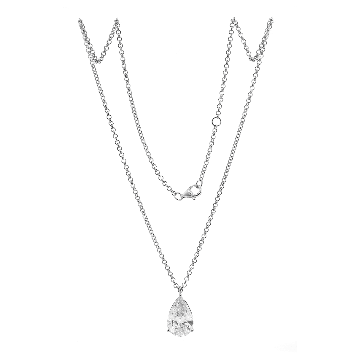 14K White Gold Necklace with 6ct Pear Shaped Lab Diamond Pendant in 3 Prong Basket Setting and Rolo Chain - FIORESE JEWELRY