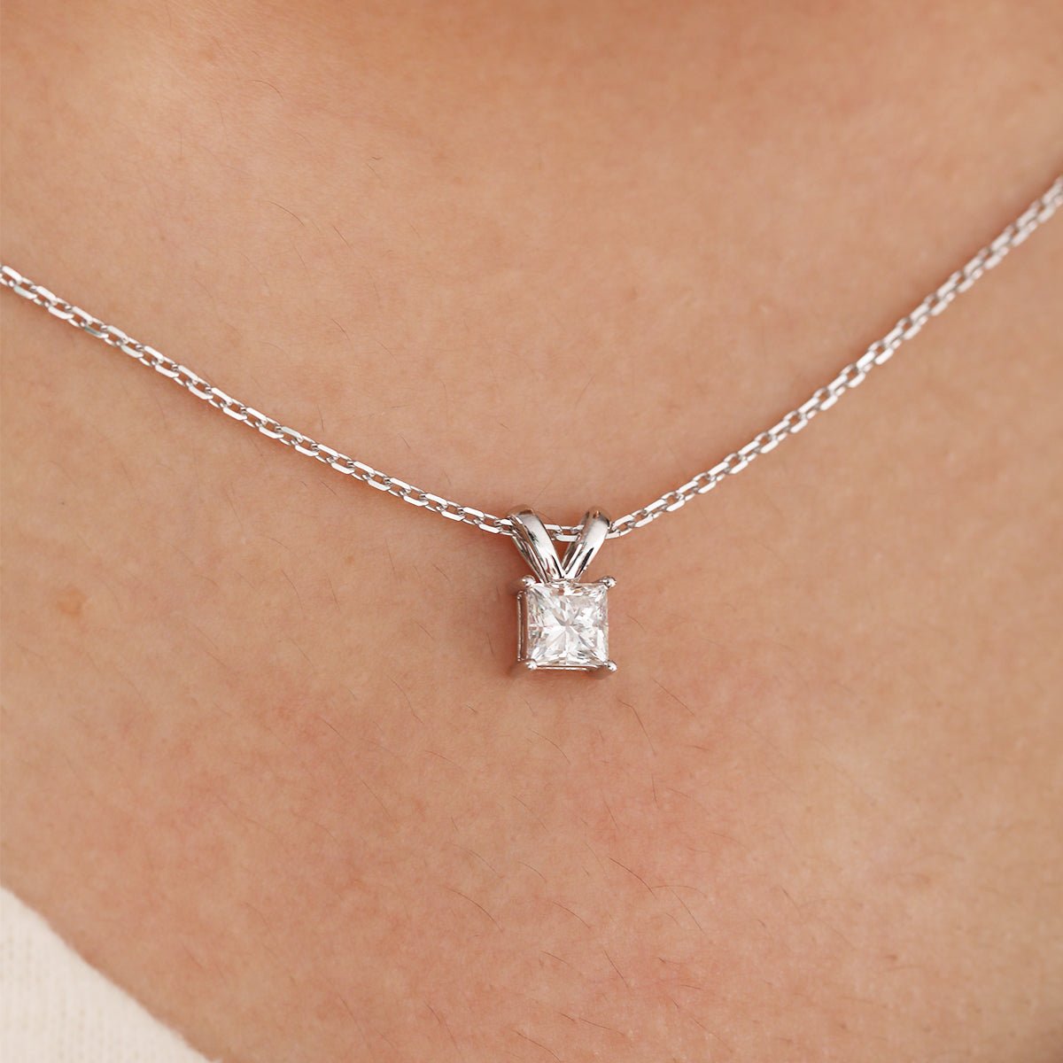14K White Gold Princess Cut Lab diamond 4 Prong Basket Pendant Necklace - FIORESE JEWELRY