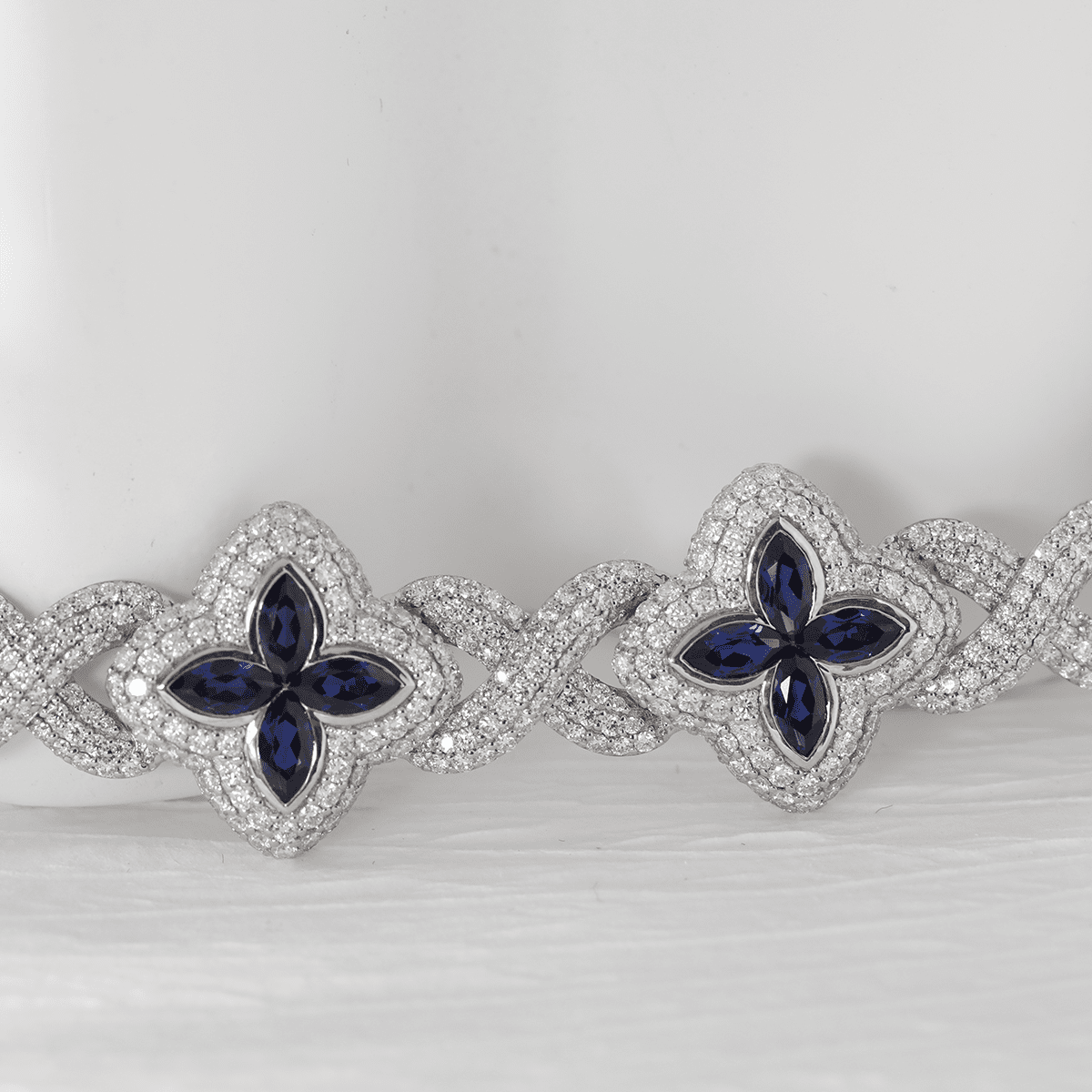 14K White Gold Round Lab Diamond Bracelet with Pear Lab Sapphire – Art Nouveau Nature - Inspired Eternal Fleur Blue Design - FIORESE JEWELRY