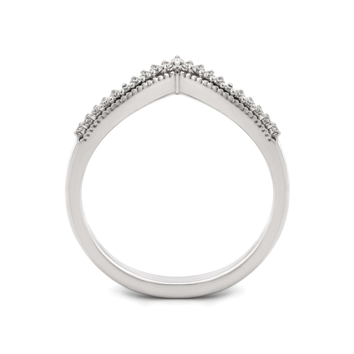 14K White Gold Round Lab Diamond V - shape Millegrain Wedding Ring - FIORESE JEWELRY