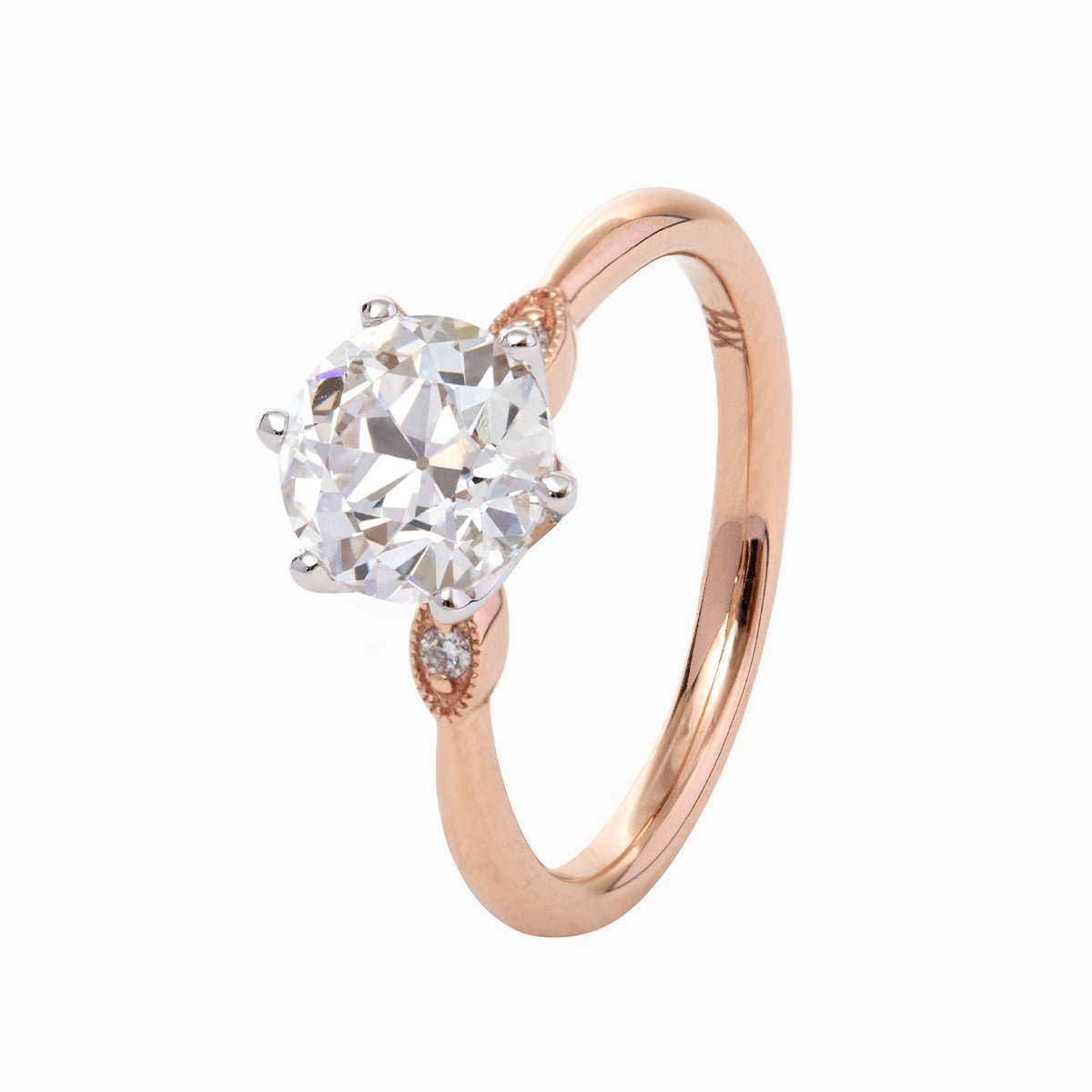 14K White & Rose Gold Old European Cut Diamond Three Stone Oval Elongated Cushion Cut Engagement Rings - FIORESE JEWELRY