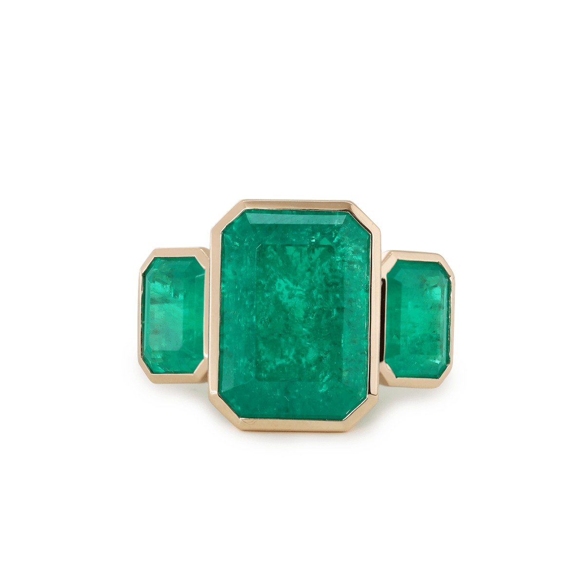 14K Yellow Gold 10.5 ct tw Emerald Cut Colombian Lab Emerald Bezel Setting Three - stone Ring - FIORESE JEWELRY
