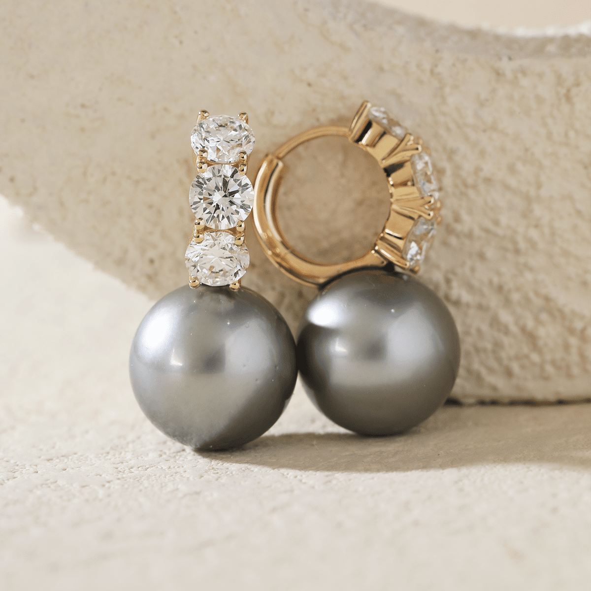 14K Yellow Gold 12mm Grey Fresh - water Pearl with Round Lab Diamond Side - stones Hoop Earrings - FIORESE JEWELRY