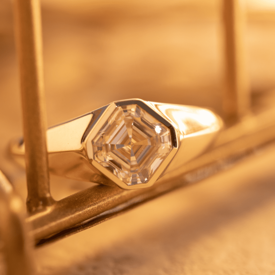 14k Yellow Gold 1.5ct Asscher Cut Lab Diamond Bezel Ring with Knife Edge Tapered Band Design - FIORESE JEWELRY