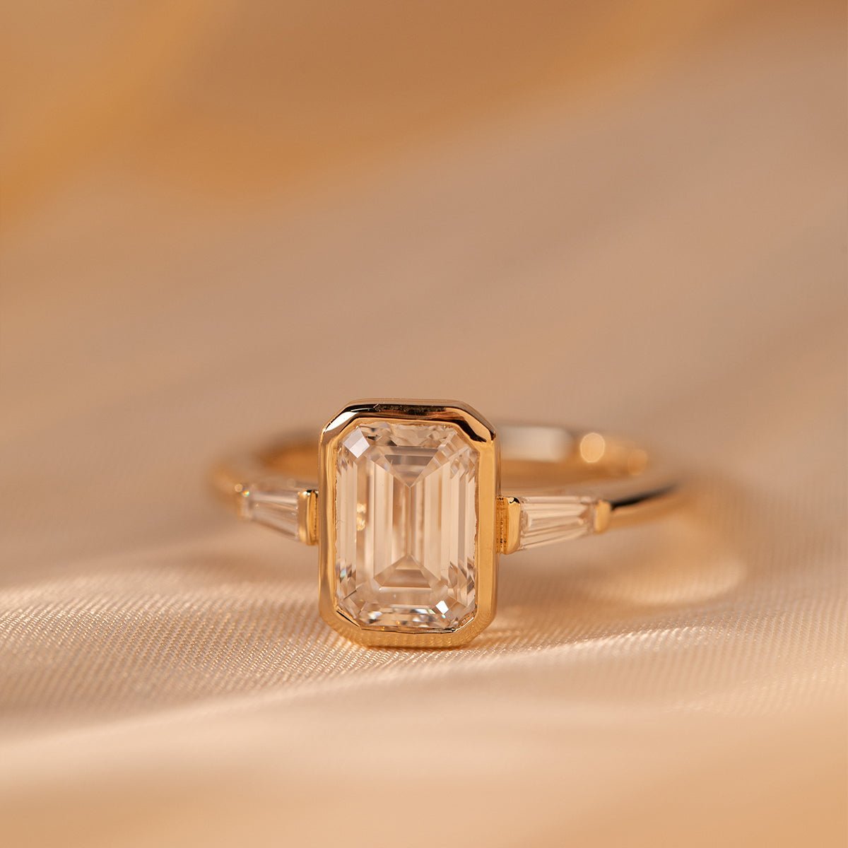 14K Yellow Gold 1.5ct Emerald Cut Lab Diamond Elongated Trapezoid Cut Three - stone Bezel Engagement Ring - FIORESE JEWELRY