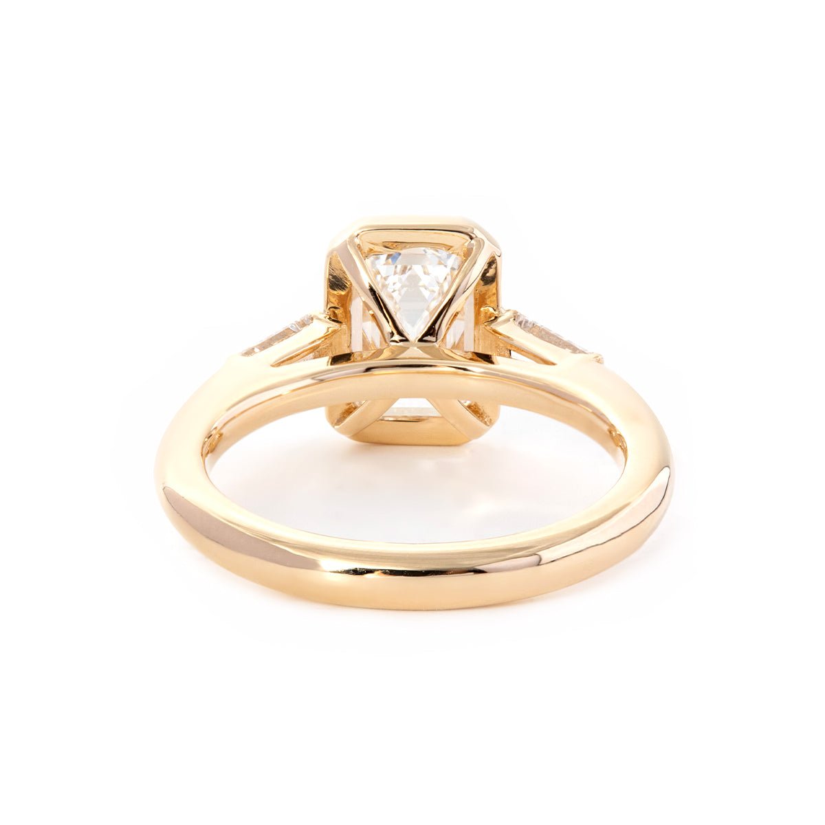 14K Yellow Gold 1.5ct Emerald Cut Lab Diamond Elongated Trapezoid Cut Three - stone Bezel Engagement Ring - FIORESE JEWELRY