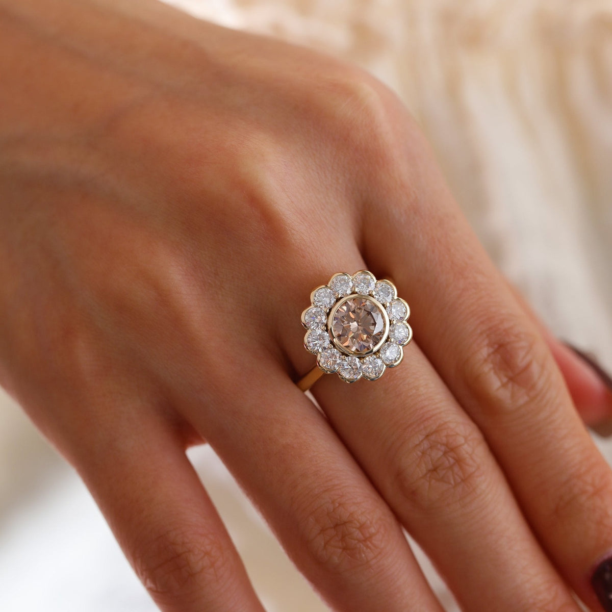 14K Yellow Gold 1.5ct Round Cut Light Brown Lab Diamond Bezel Ring with Roound Lab Diamond Halo - FIORESE JEWELRY